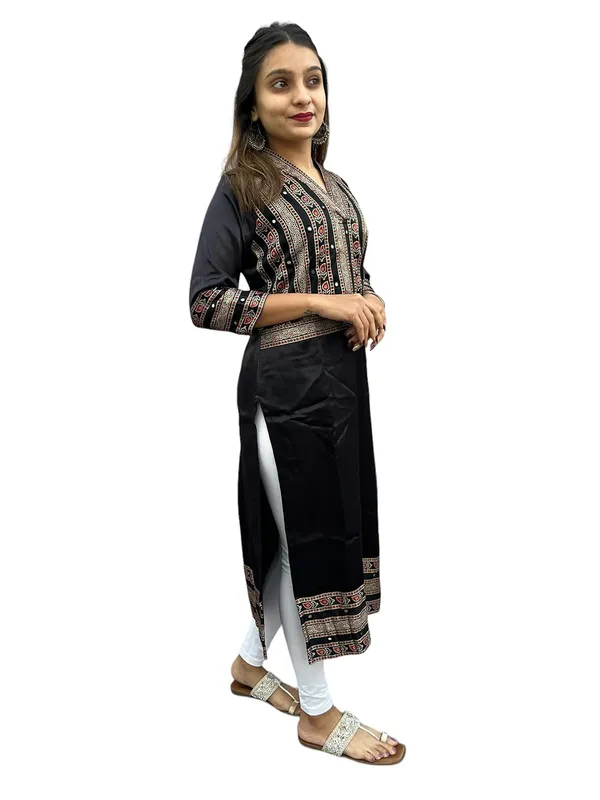 Black_Premium_Mashru_Silk_Long_Kurti_|_Embroiderd_Ethnic_Indian_Dress_|_V-Neck_Mirror_Work_Top_Tunic_Dress_For_Women