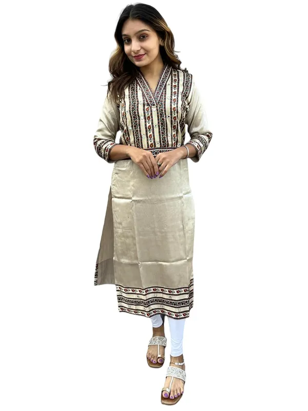 Cream_Premium_Mashru_Silk_Long_Kurti_|_Embroiderd_Ethnic_Indian_Dress_|_V-Neck_Mirror_Work_Top_Tunic_Dress_For_Women