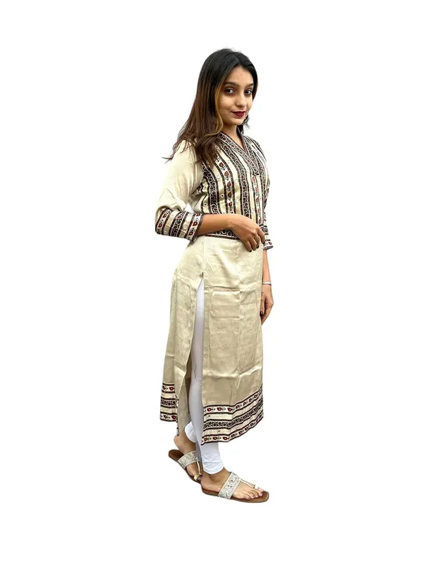 Cream_Premium_Mashru_Silk_Long_Kurti_|_Embroiderd_Ethnic_Indian_Dress_|_V-Neck_Mirror_Work_Top_Tunic_Dress_For_Women