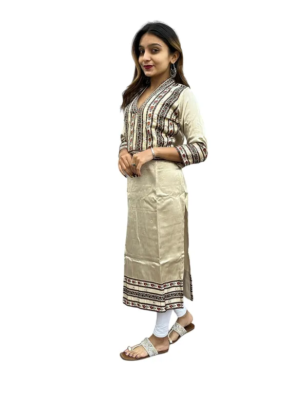 Cream_Premium_Mashru_Silk_Long_Kurti_|_Embroiderd_Ethnic_Indian_Dress_|_V-Neck_Mirror_Work_Top_Tunic_Dress_For_Women