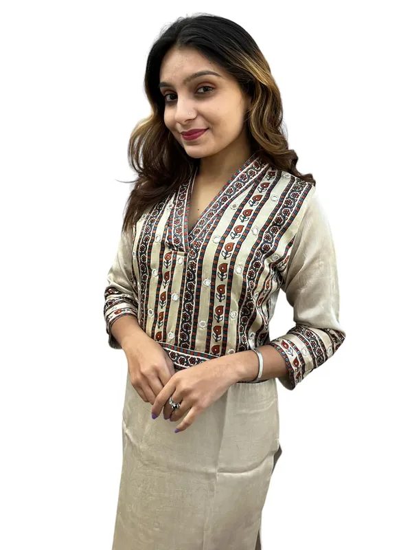 Cream_Premium_Mashru_Silk_Long_Kurti_|_Embroiderd_Ethnic_Indian_Dress_|_V-Neck_Mirror_Work_Top_Tunic_Dress_For_Women