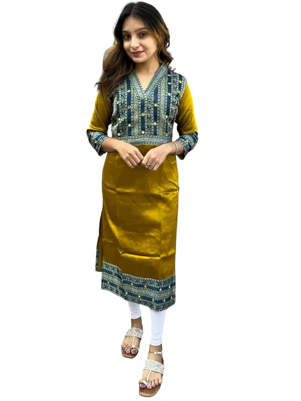 Mustard_Premium_Mashru_Silk_Long_Kurti_|_Embroiderd_Ethnic_Indian_Dress_|_V-Neck_Mirror_Work_Top_Tunic_Dress_For_Women