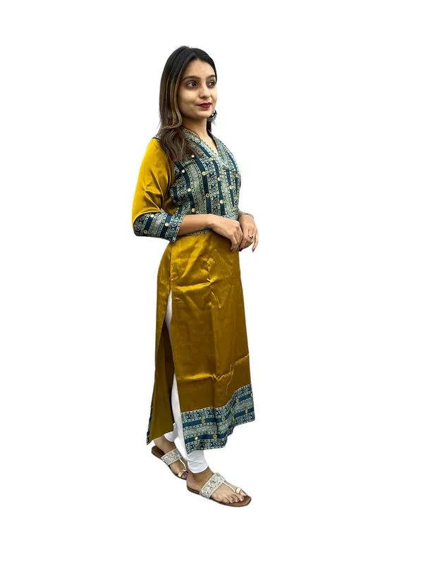Mustard_Premium_Mashru_Silk_Long_Kurti_|_Embroiderd_Ethnic_Indian_Dress_|_V-Neck_Mirror_Work_Top_Tunic_Dress_For_Women
