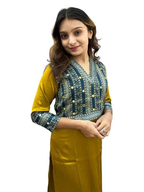 Mustard_Premium_Mashru_Silk_Long_Kurti_|_Embroiderd_Ethnic_Indian_Dress_|_V-Neck_Mirror_Work_Top_Tunic_Dress_For_Women