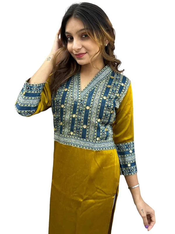 Mustard_Premium_Mashru_Silk_Long_Kurti_|_Embroiderd_Ethnic_Indian_Dress_|_V-Neck_Mirror_Work_Top_Tunic_Dress_For_Women