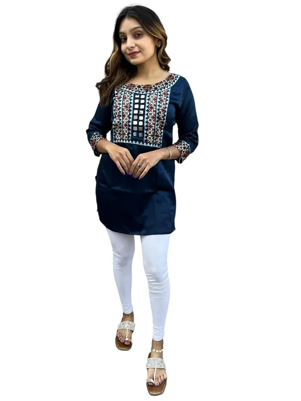 Blue_Premium_Mashru_Silk_Short_Kurti_|_Embroiderd_Ethnic_Mirror_Work_Top_|_Indian_Traditional_Tunic_Dress_For_Women