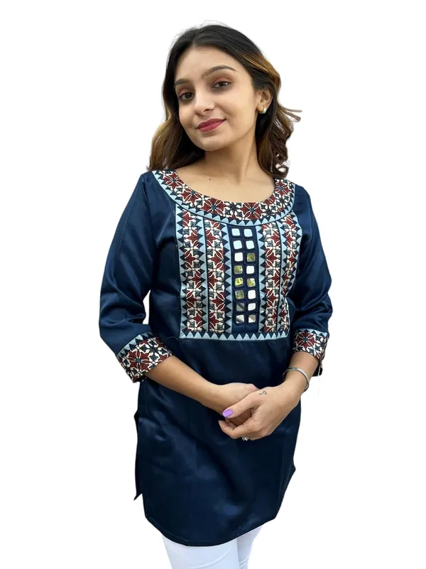 Blue_Premium_Mashru_Silk_Short_Kurti_|_Embroiderd_Ethnic_Mirror_Work_Top_|_Indian_Traditional_Tunic_Dress_For_Women