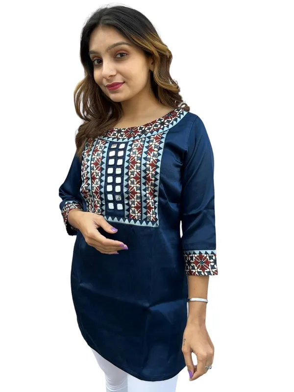 Blue_Premium_Mashru_Silk_Short_Kurti_|_Embroiderd_Ethnic_Mirror_Work_Top_|_Indian_Traditional_Tunic_Dress_For_Women