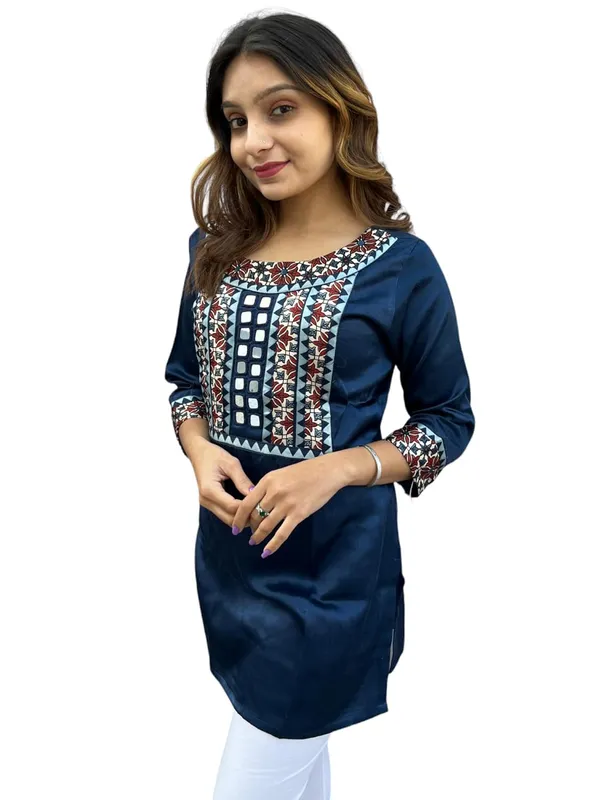 Blue_Premium_Mashru_Silk_Short_Kurti_|_Embroiderd_Ethnic_Mirror_Work_Top_|_Indian_Traditional_Tunic_Dress_For_Women