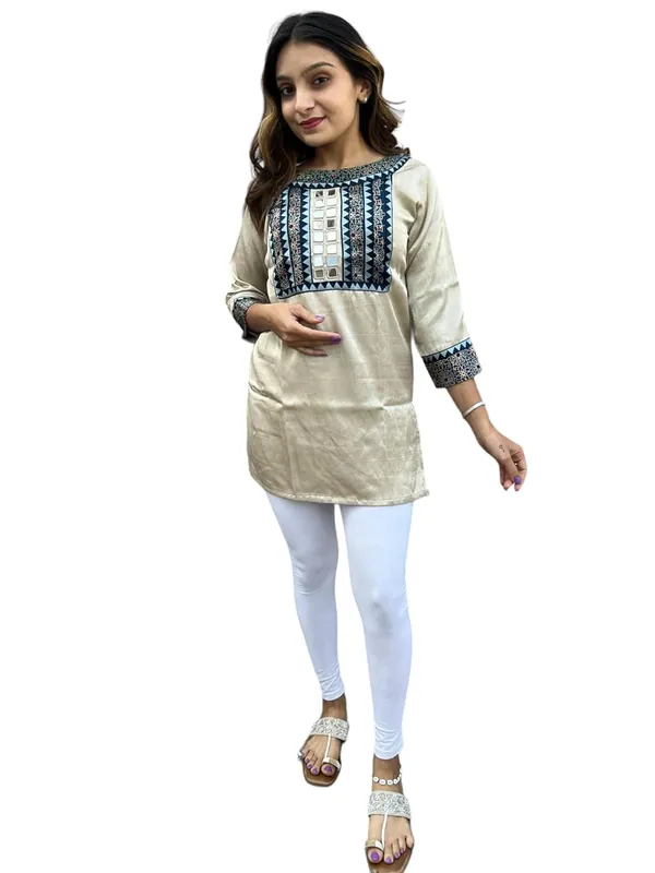 Cream_Premium_Mashru_Silk_Short_Kurti_|_Embroiderd_Ethnic_Mirror_Work_Top_|_Indian_Traditional_Tunic_Dress_For_Women