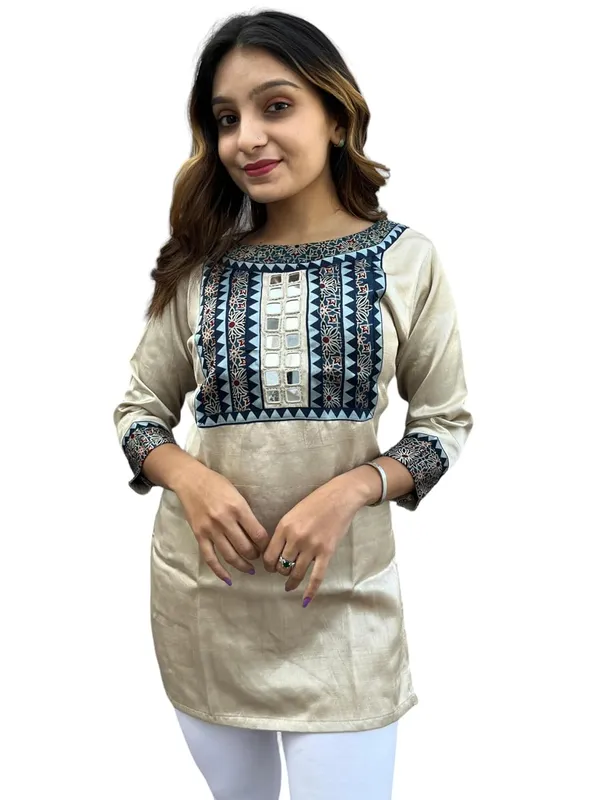 Cream_Premium_Mashru_Silk_Short_Kurti_|_Embroiderd_Ethnic_Mirror_Work_Top_|_Indian_Traditional_Tunic_Dress_For_Women