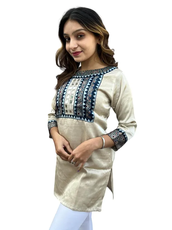 Cream_Premium_Mashru_Silk_Short_Kurti_|_Embroiderd_Ethnic_Mirror_Work_Top_|_Indian_Traditional_Tunic_Dress_For_Women
