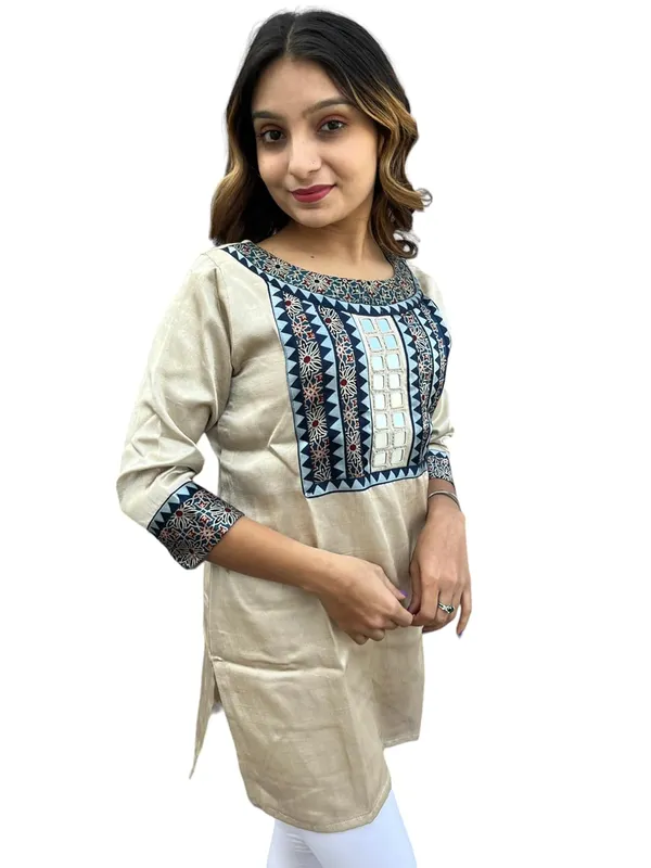 Cream_Premium_Mashru_Silk_Short_Kurti_|_Embroiderd_Ethnic_Mirror_Work_Top_|_Indian_Traditional_Tunic_Dress_For_Women