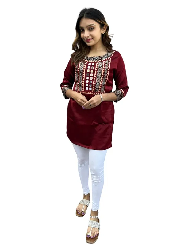 Maroon_Premium_Mashru_Silk_Short_Kurti_|_Embroiderd_Ethnic_Mirror_Work_Top_|_Indian_Traditional_Tunic_Dress_For_Women