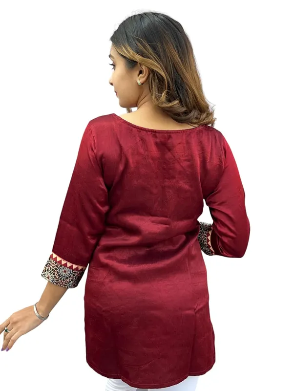 Maroon_Premium_Mashru_Silk_Short_Kurti_|_Embroiderd_Ethnic_Mirror_Work_Top_|_Indian_Traditional_Tunic_Dress_For_Women