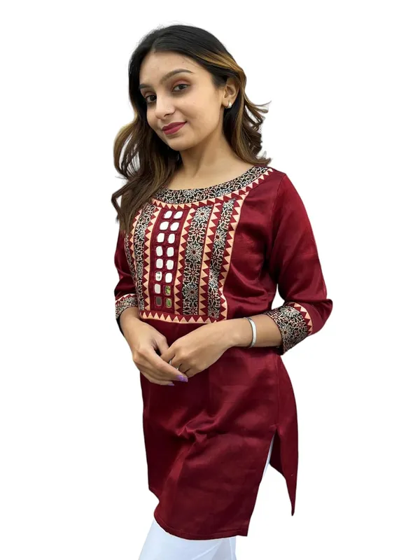 Maroon_Premium_Mashru_Silk_Short_Kurti_|_Embroiderd_Ethnic_Mirror_Work_Top_|_Indian_Traditional_Tunic_Dress_For_Women