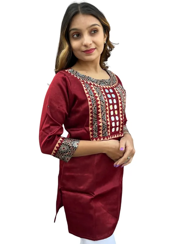 Maroon_Premium_Mashru_Silk_Short_Kurti_|_Embroiderd_Ethnic_Mirror_Work_Top_|_Indian_Traditional_Tunic_Dress_For_Women