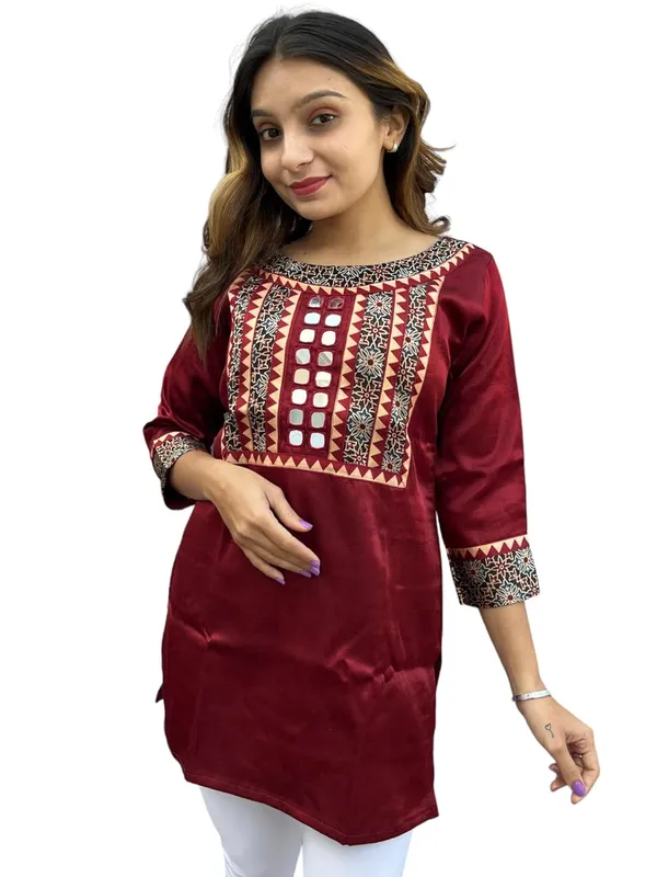 Maroon_Premium_Mashru_Silk_Short_Kurti_|_Embroiderd_Ethnic_Mirror_Work_Top_|_Indian_Traditional_Tunic_Dress_For_Women