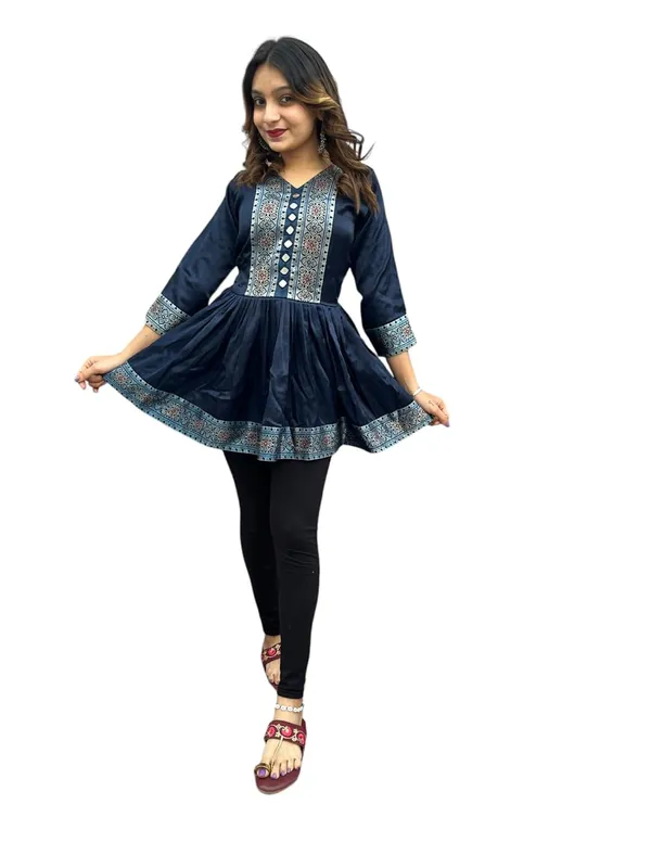 Blue_Premium_Embroiderd_Ethnic_Mashru_Silk_Short_Kurti_Kediya_Mirror_Work_For_Women