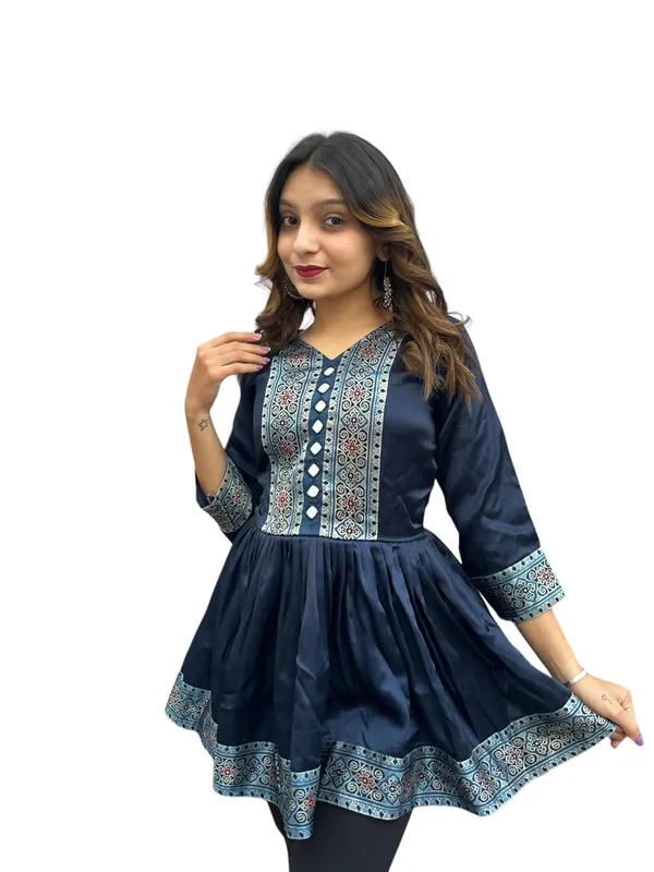 Blue_Premium_Embroiderd_Ethnic_Mashru_Silk_Short_Kurti_Kediya_Mirror_Work_For_Women