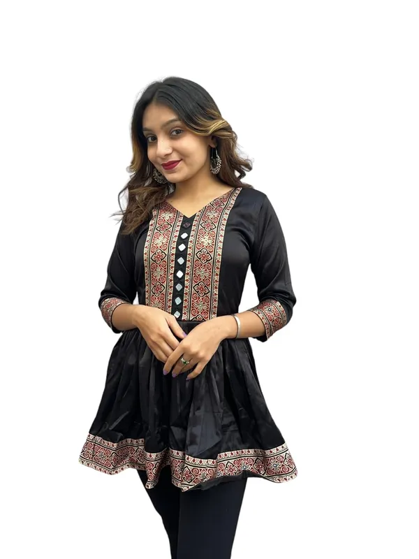 Black_Premium_Ethnic_Mashru_Silk_Short_Kurti_Mirror_Work_For_Women
