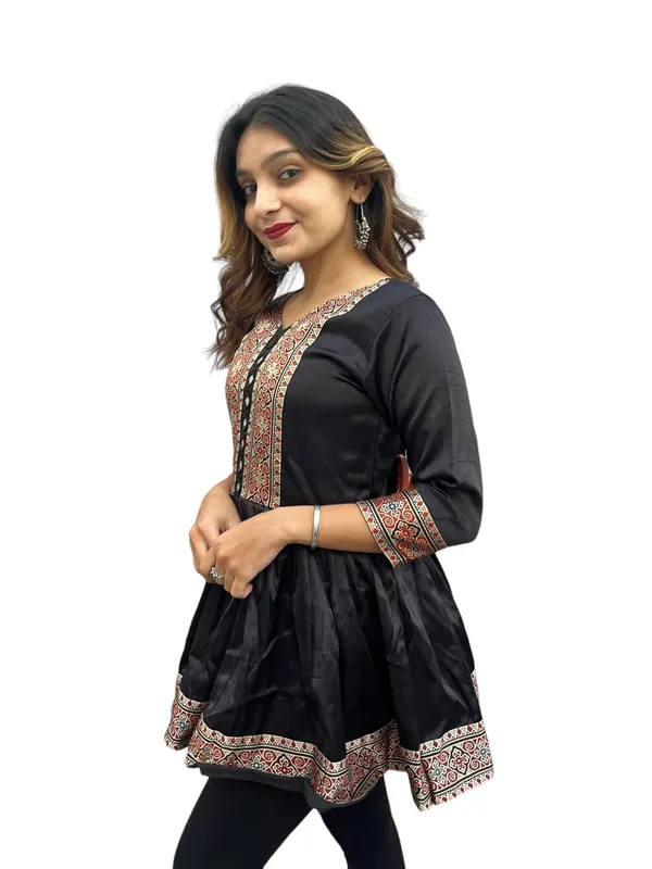 Black_Premium_Ethnic_Mashru_Silk_Short_Kurti_Mirror_Work_For_Women