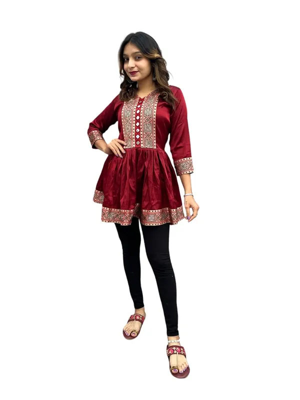 Maroon_Premium_Embroiderd_Ethnic_Mashru_Silk_Short_Kurti_Kediya_Mirror_Work_For_Women
