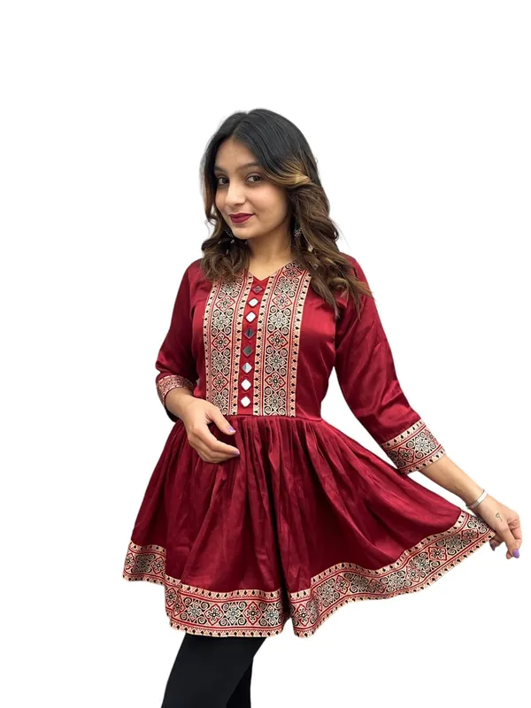 Maroon_Premium_Embroiderd_Ethnic_Mashru_Silk_Short_Kurti_Kediya_Mirror_Work_For_Women