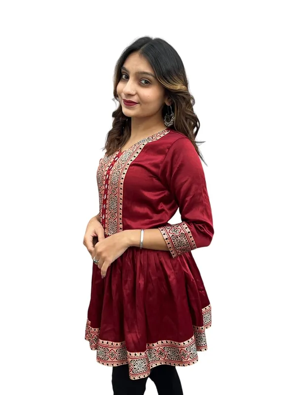 Maroon_Premium_Embroiderd_Ethnic_Mashru_Silk_Short_Kurti_Kediya_Mirror_Work_For_Women