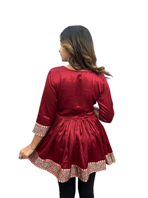 Maroon_Premium_Embroiderd_Ethnic_Mashru_Silk_Short_Kurti_Kediya_Mirror_Work_For_Women