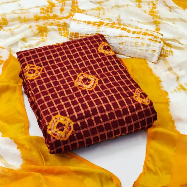 Unstitched_Suit_Dress_Material_|_Pure_Cotton_Chex_Weaving_Bandhani_Hand_Bandhej_|_Premium_Unstitched_Suit_Material_For_Her_|_4.25_Meter_Top_&_Bottom_With_2_Meter_Dupatta