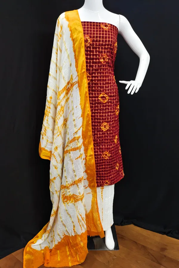 Unstitched_Suit_Dress_Material_|_Pure_Cotton_Hand_Bandhej_Chex_Weaving_Bandhani_|_Premium_Unstitched_Suit_Material_For_Her_|_4.25_Meter_Top_&_Bottom_With_2_Meter_Dupatta