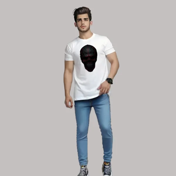 White_Skull_Printed_Half_Sleeve_Cotton_T-Shirt_For_Men