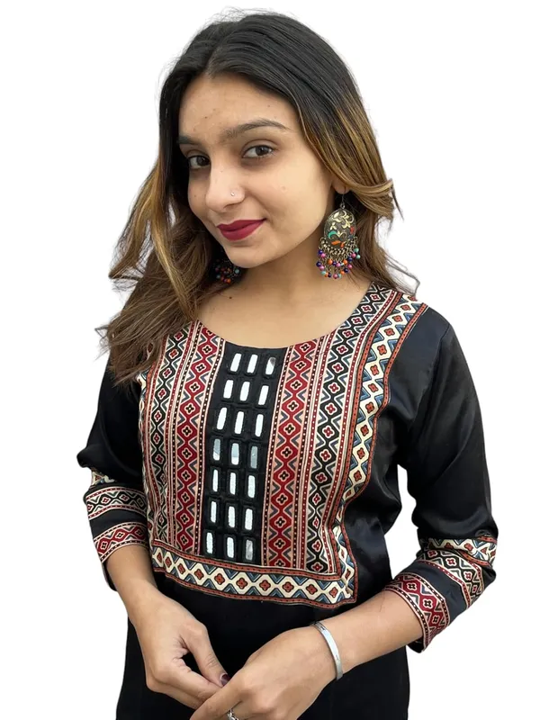 Black_Premium_Embroiderd_Ethnic_Mashru_Silk_Ajarakh_Mirror_Kurti_For_Women