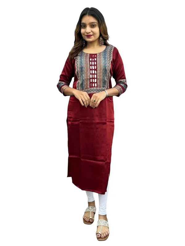 Maroon_Premium_Embroiderd_Ethnic_Mashru_Silk_Ajarakh_Mirror_Kurti_For_Women
