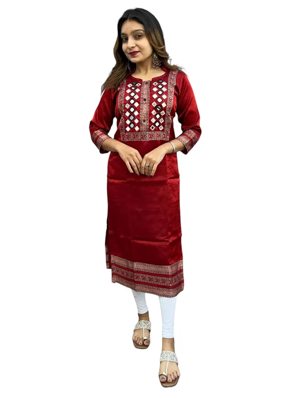 Red_Premium_Embroiderd_Ethnic_Mashru_Silk_Ajarakh_Mirror_Kurti_Tunic_|_Outdoor_Dress_|_Long_Kurti_For_Women