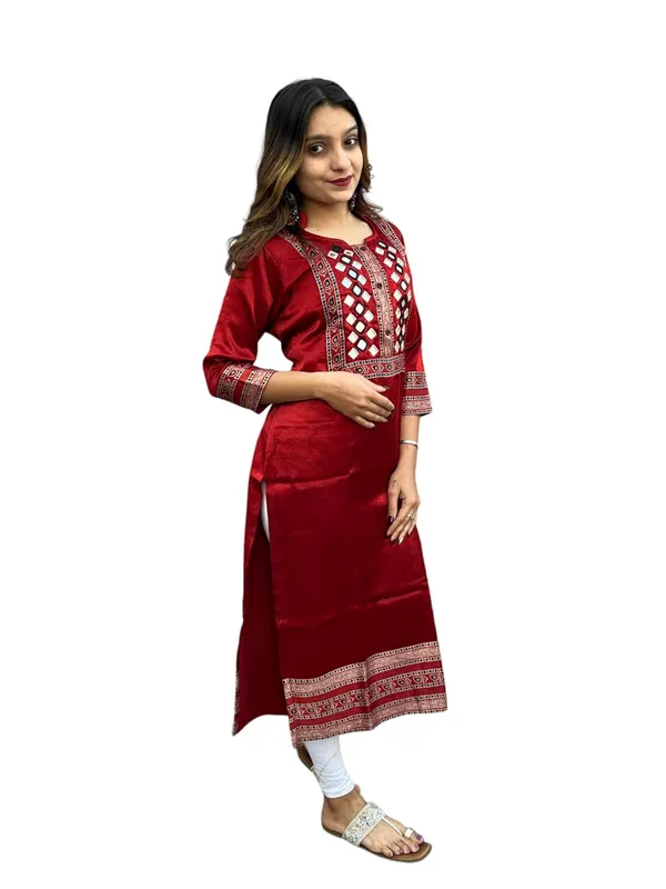 Red_Premium_Embroiderd_Ethnic_Mashru_Silk_Ajarakh_Mirror_Kurti_Tunic_|_Outdoor_Dress_|_Long_Kurti_For_Women