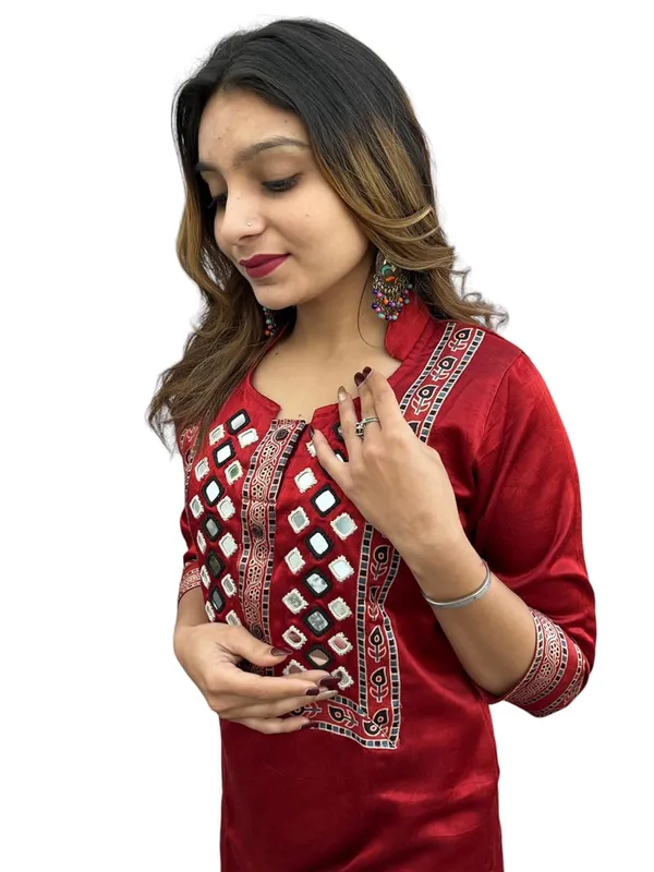 Red_Premium_Embroiderd_Ethnic_Mashru_Silk_Ajarakh_Mirror_Kurti_Tunic_|_Outdoor_Dress_|_Long_Kurti_For_Women
