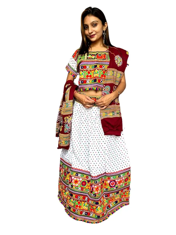 White_Premium_Bandhani_Handicraft_Traditional_Chaniya_Choli_Cotton_Umbrella_Style_With_Embroidery_Heavy_Kutchi_Work__For_Women_&_Girls