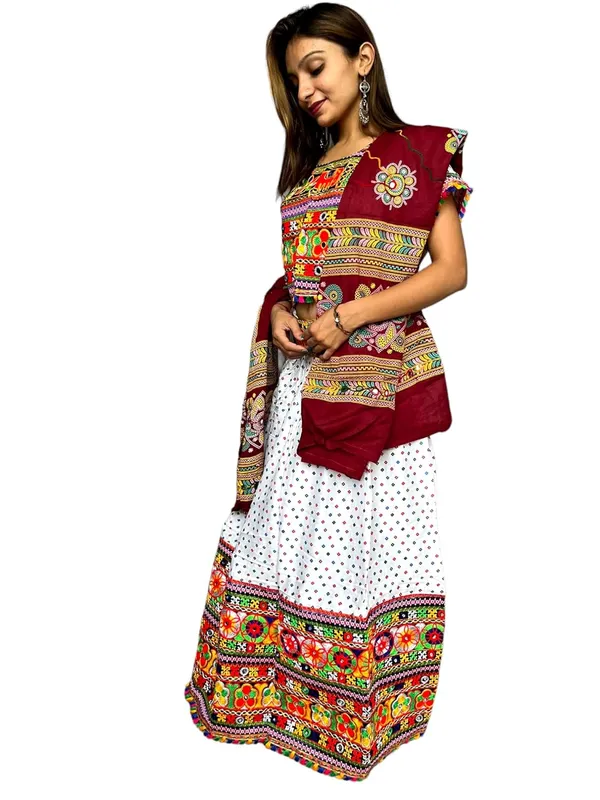 White_Premium_Bandhani_Handicraft_Traditional_Chaniya_Choli_Cotton_Umbrella_Style_With_Embroidery_Heavy_Kutchi_Work__For_Women_&_Girls