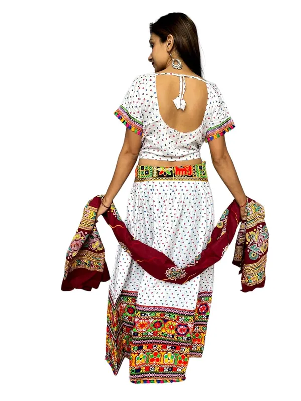 White_Premium_Bandhani_Handicraft_Traditional_Chaniya_Choli_Cotton_Umbrella_Style_With_Embroidery_Heavy_Kutchi_Work__For_Women_&_Girls