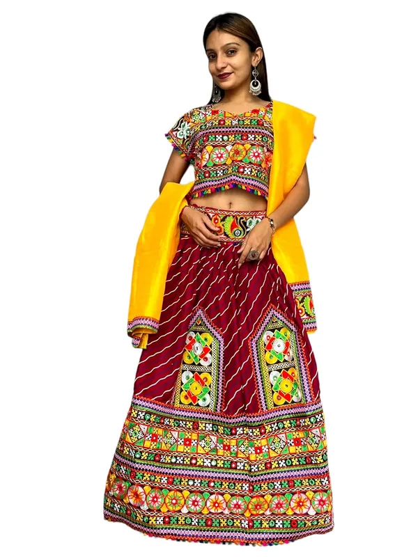 Maroon_Premium_Buta_Handicraft_Traditional_Chaniya_Choli_Cotton_Umbrella_Style_With_Embroidery_Heavy_Kutchi_Work__For_Women_&_Girls