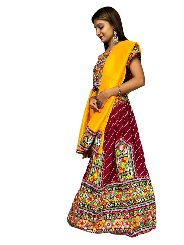 Maroon_Premium_Buta_Handicraft_Traditional_Chaniya_Choli_Cotton_Umbrella_Style_With_Embroidery_Heavy_Kutchi_Work__For_Women_&_Girls