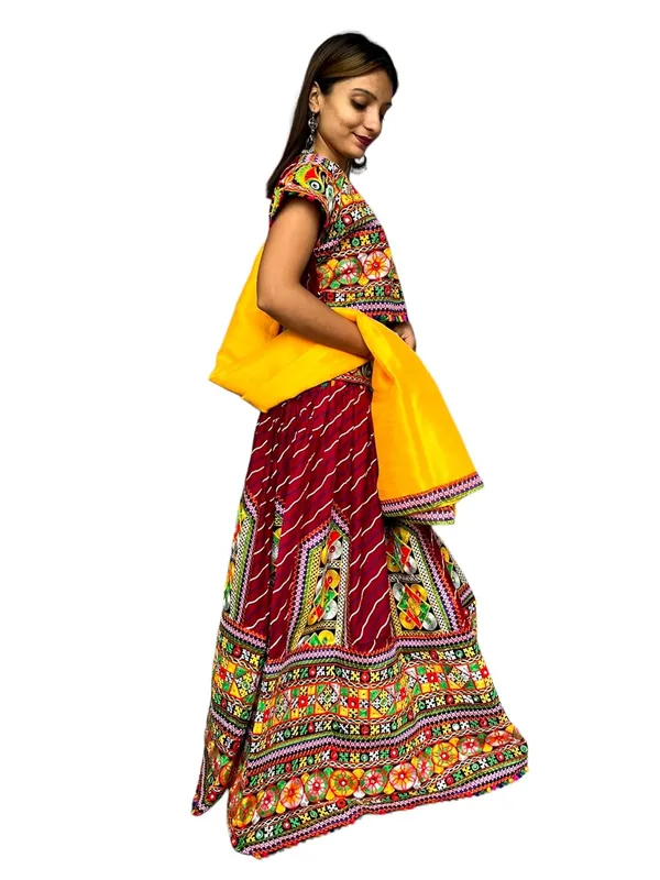 Maroon_Premium_Buta_Handicraft_Traditional_Chaniya_Choli_Cotton_Umbrella_Style_With_Embroidery_Heavy_Kutchi_Work__For_Women_&_Girls