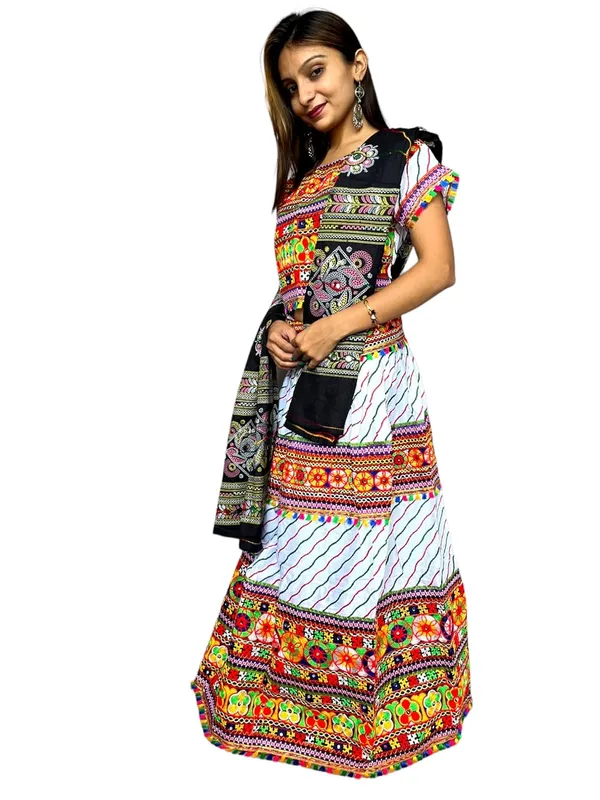White_Premium_Leriya_Pata_Handicraft_Traditional_Chaniya_Choli_Cotton_Umbrella_Style_With_Embroidery_Heavy_Kutchi_Work_For_Women_&_Girls