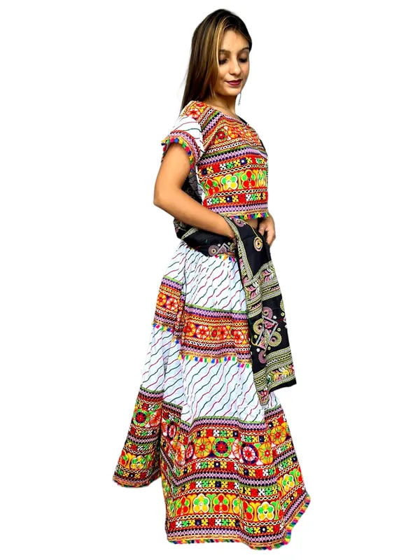 White_Premium_Leriya_Pata_Handicraft_Traditional_Chaniya_Choli_Cotton_Umbrella_Style_With_Embroidery_Heavy_Kutchi_Work_For_Women_&_Girls