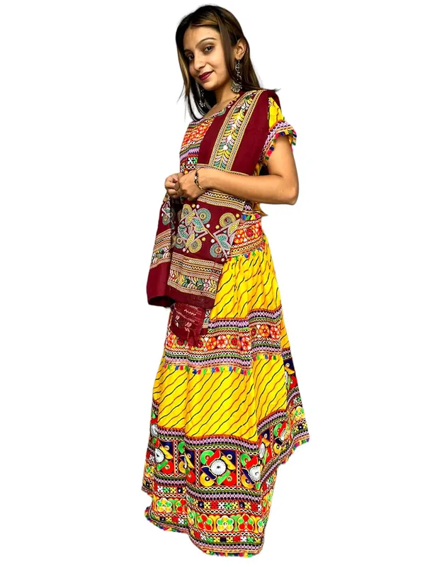 Yellow_Premium_Leriya_Pata_Handicraft_Traditional_Chaniya_Choli_Cotton_Umbrella_Style_With_Embroidery_Heavy_Kutchi_Work_For_Women_&_Girls
