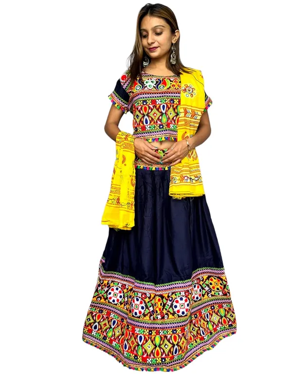 Multicolor_Premium_Plain_Handicraft_Traditional_Chaniya_Choli_Cotton_Umbrella_Style_With_Embroidery_Heavy_Kutchi_Work_For_Women_&_Girls