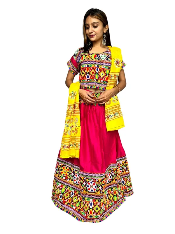 Pink_Premium_Plain_Handicraft_Traditional_Chaniya_Choli_Cotton_Umbrella_Style_With_Embroidery_Heavy_Kutchi_Work_For_Women_&_Girls