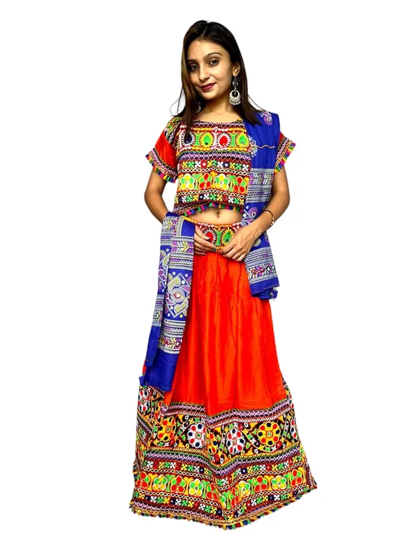 Red_Premium_Plain_Handicraft_Traditional_Chaniya_Choli_Cotton_Umbrella_Style_With_Embroidery_Heavy_Kutchi_Work_For_Women_&_Girls